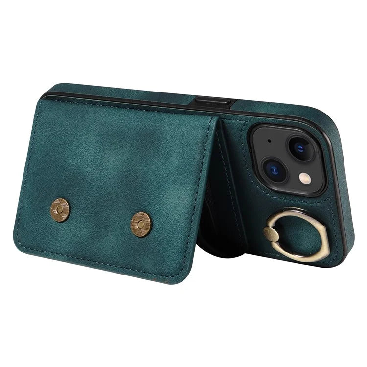 001 For iPhone 15 Case with Card Holder Ring PU Leather Coated TPU Phone Cover Skin-Touch