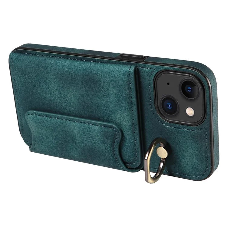 001 For iPhone 15 Case with Card Holder Ring PU Leather Coated TPU Phone Cover Skin-Touch