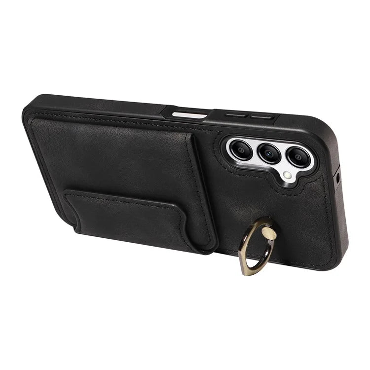 001 For Samsung Galaxy A14 4G / 5G Case Ring Holder Card Slots Anit-Fall Leather Back Cover