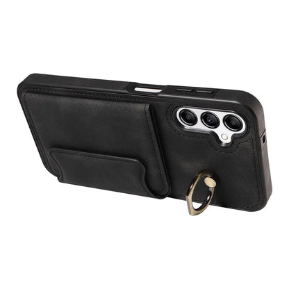 001 For Samsung Galaxy A14 4G / 5G Case Ring Holder Card Slots Anit-Fall Leather Back Cover