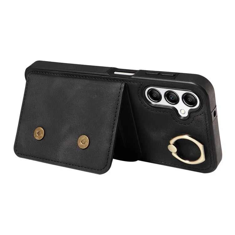 001 For Samsung Galaxy A14 4G / 5G Case Ring Holder Card Slots Anit-Fall Leather Back Cover