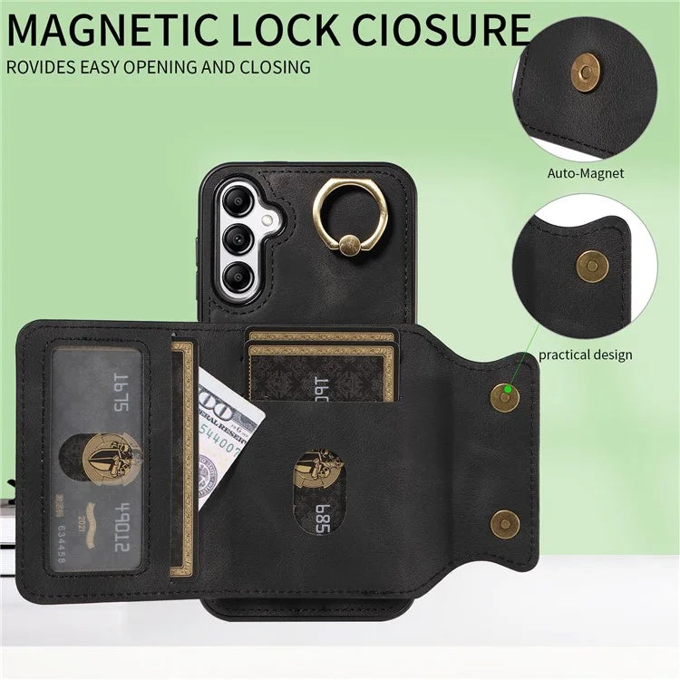 001 For Samsung Galaxy A14 4G / 5G Case Ring Holder Card Slots Anit-Fall Leather Back Cover