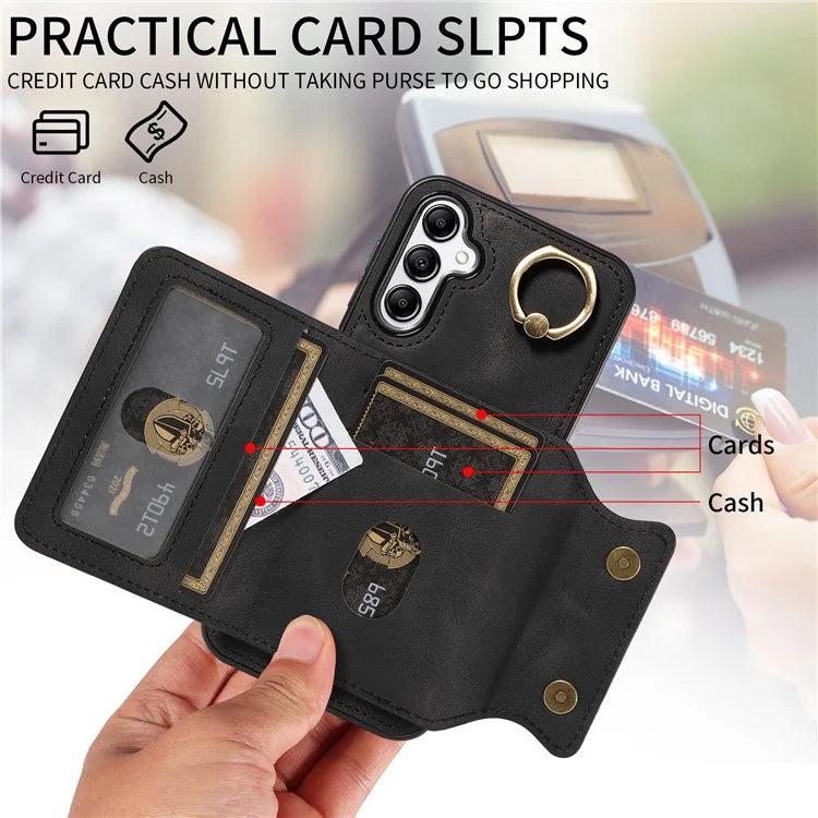 001 For Samsung Galaxy A14 4G / 5G Case Ring Holder Card Slots Anit-Fall Leather Back Cover
