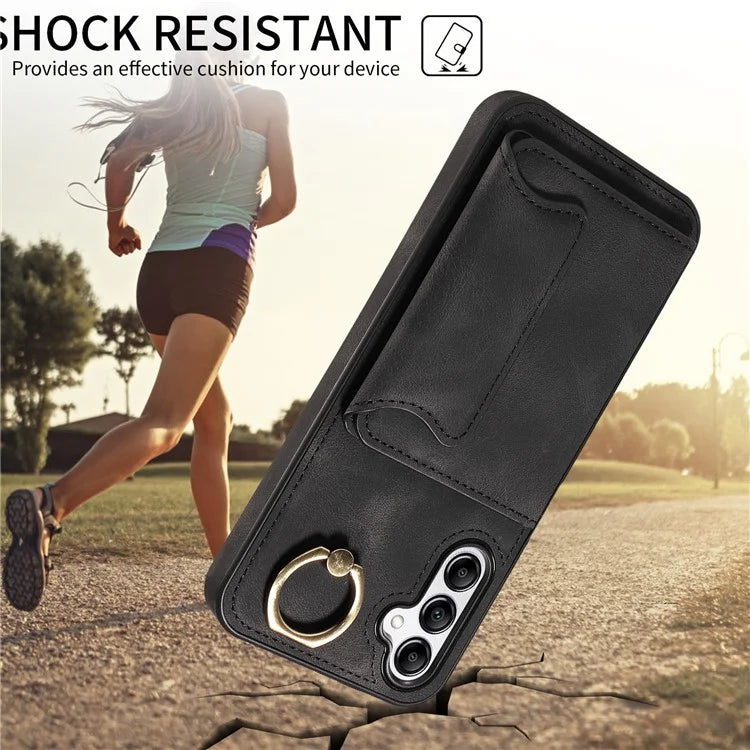 001 For Samsung Galaxy A14 4G / 5G Case Ring Holder Card Slots Anit-Fall Leather Back Cover