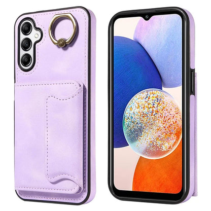 001 For Samsung Galaxy A14 4G / 5G Case Ring Holder Card Slots Anit-Fall Leather Back Cover
