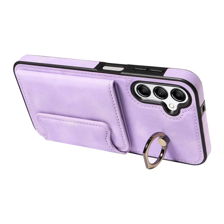 001 For Samsung Galaxy A14 4G / 5G Case Ring Holder Card Slots Anit-Fall Leather Back Cover
