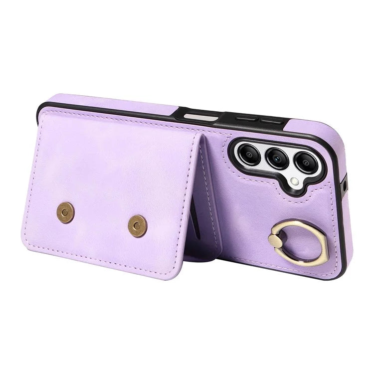 001 For Samsung Galaxy A14 4G / 5G Case Ring Holder Card Slots Anit-Fall Leather Back Cover