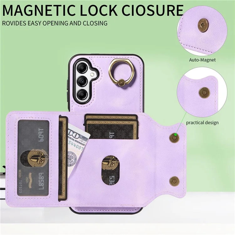 001 For Samsung Galaxy A14 4G / 5G Case Ring Holder Card Slots Anit-Fall Leather Back Cover