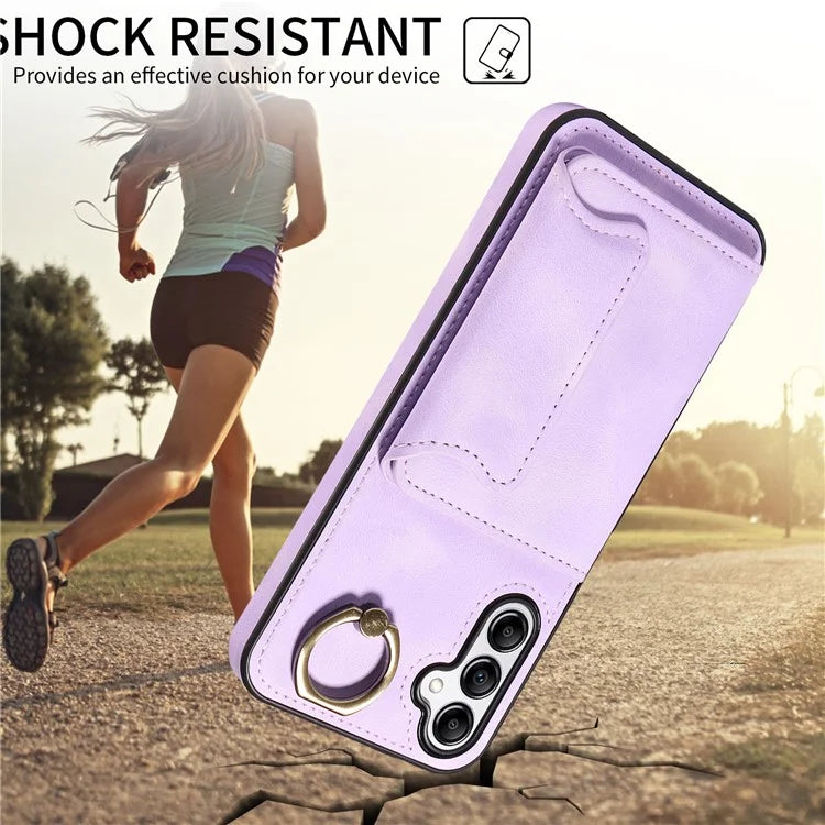 001 For Samsung Galaxy A14 4G / 5G Case Ring Holder Card Slots Anit-Fall Leather Back Cover