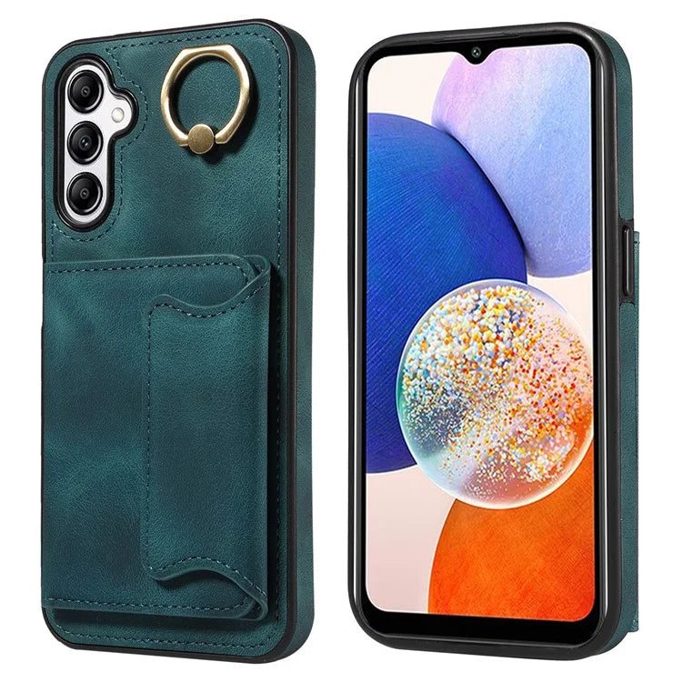 001 For Samsung Galaxy A14 4G / 5G Case Ring Holder Card Slots Anit-Fall Leather Back Cover