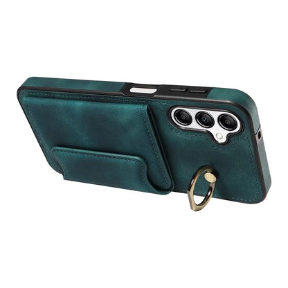 001 For Samsung Galaxy A14 4G / 5G Case Ring Holder Card Slots Anit-Fall Leather Back Cover