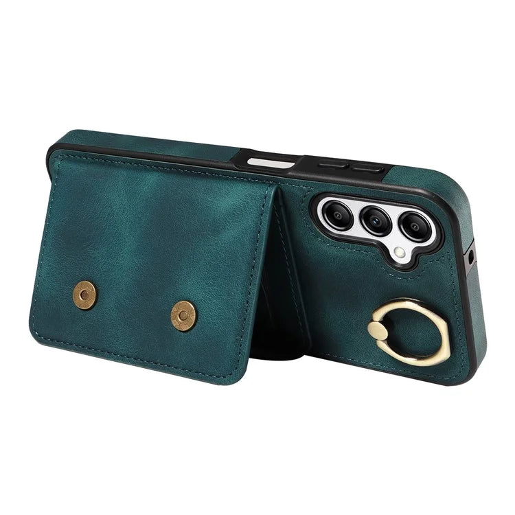 001 For Samsung Galaxy A14 4G / 5G Case Ring Holder Card Slots Anit-Fall Leather Back Cover
