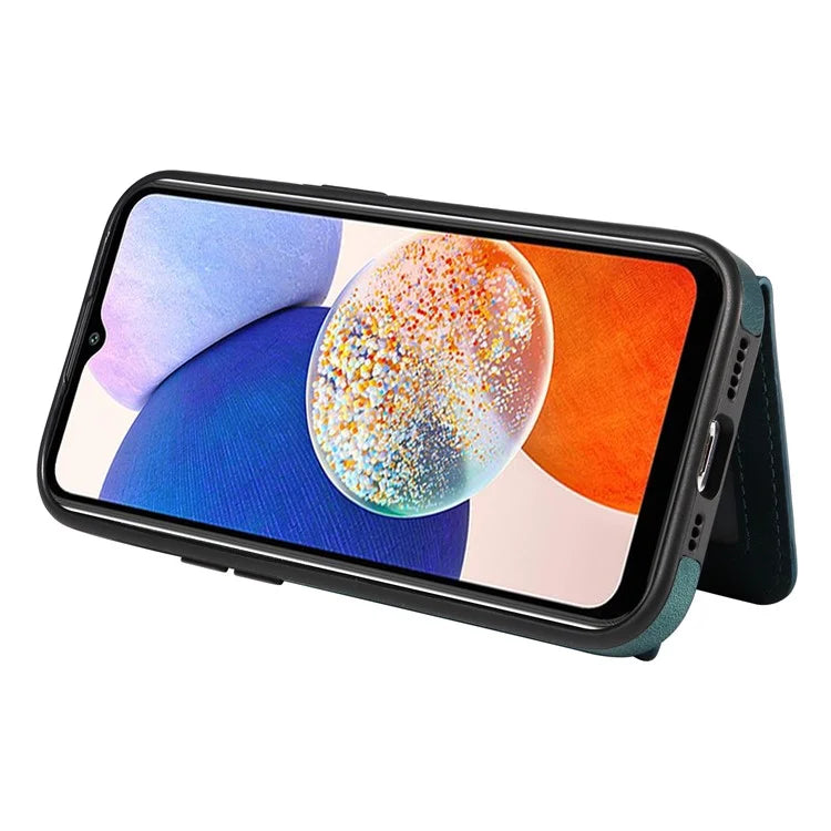 001 For Samsung Galaxy A14 4G / 5G Case Ring Holder Card Slots Anit-Fall Leather Back Cover