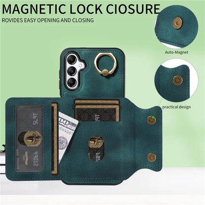 001 For Samsung Galaxy A14 4G / 5G Case Ring Holder Card Slots Anit-Fall Leather Back Cover