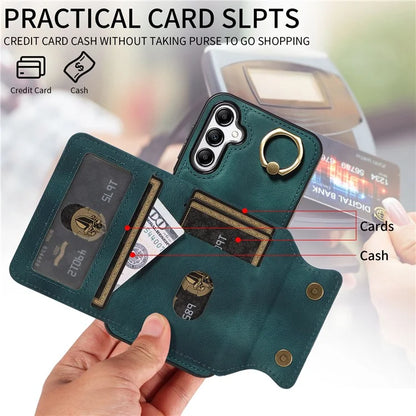 001 For Samsung Galaxy A14 4G / 5G Case Ring Holder Card Slots Anit-Fall Leather Back Cover