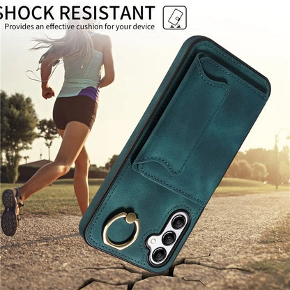 001 For Samsung Galaxy A14 4G / 5G Case Ring Holder Card Slots Anit-Fall Leather Back Cover