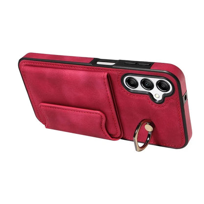 001 For Samsung Galaxy A14 4G / 5G Case Ring Holder Card Slots Anit-Fall Leather Back Cover
