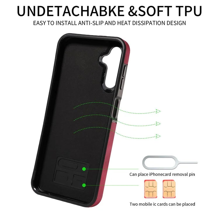 001 For Samsung Galaxy A14 4G / 5G Case Ring Holder Card Slots Anit-Fall Leather Back Cover