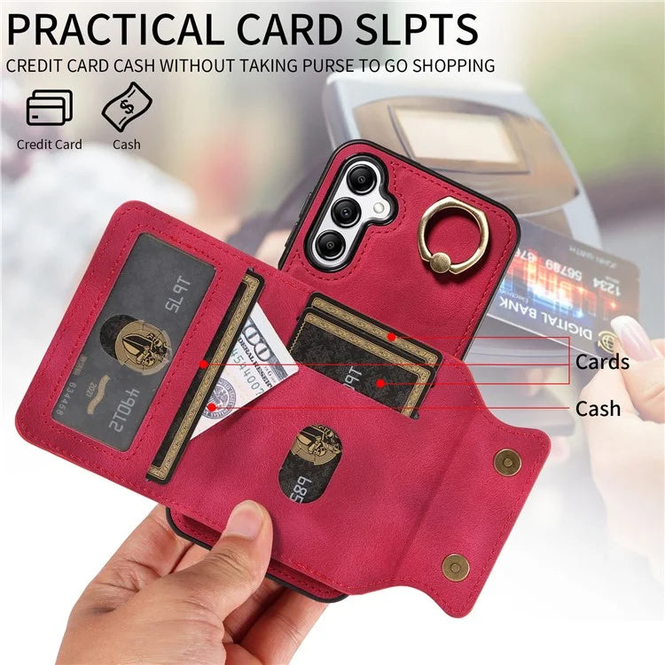 001 For Samsung Galaxy A14 4G / 5G Case Ring Holder Card Slots Anit-Fall Leather Back Cover