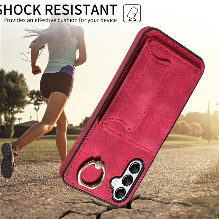 001 For Samsung Galaxy A14 4G / 5G Case Ring Holder Card Slots Anit-Fall Leather Back Cover