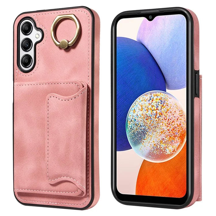 001 For Samsung Galaxy A14 4G / 5G Case Ring Holder Card Slots Anit-Fall Leather Back Cover