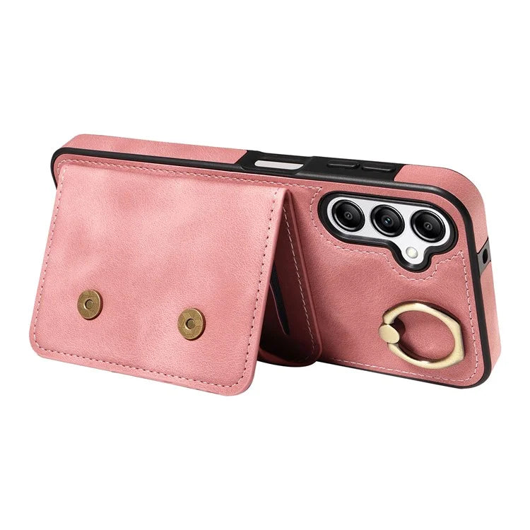 001 For Samsung Galaxy A14 4G / 5G Case Ring Holder Card Slots Anit-Fall Leather Back Cover