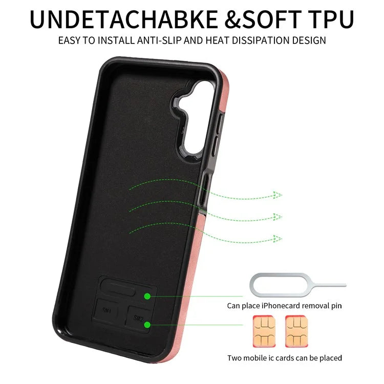 001 For Samsung Galaxy A14 4G / 5G Case Ring Holder Card Slots Anit-Fall Leather Back Cover