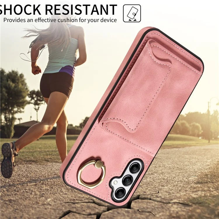 001 For Samsung Galaxy A14 4G / 5G Case Ring Holder Card Slots Anit-Fall Leather Back Cover