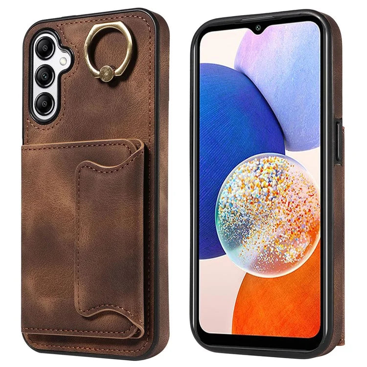001 For Samsung Galaxy A14 4G / 5G Case Ring Holder Card Slots Anit-Fall Leather Back Cover