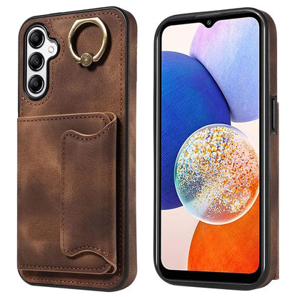 001 For Samsung Galaxy A14 4G / 5G Case Ring Holder Card Slots Anit-Fall Leather Back Cover