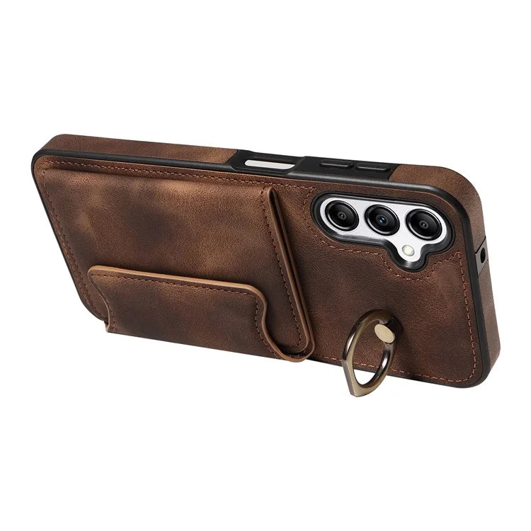 001 For Samsung Galaxy A14 4G / 5G Case Ring Holder Card Slots Anit-Fall Leather Back Cover