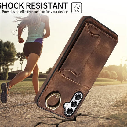 001 For Samsung Galaxy A14 4G / 5G Case Ring Holder Card Slots Anit-Fall Leather Back Cover