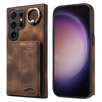 001 For Samsung Galaxy S24 Ultra Case Ring Holder Leather + TPU Anit-Fall Phone Cover