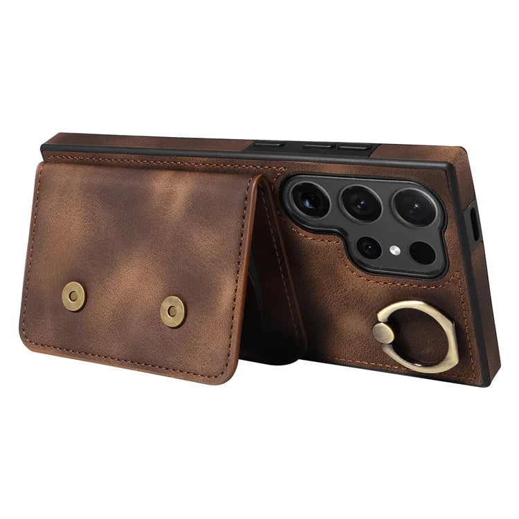 001 For Samsung Galaxy S24 Ultra Case Ring Holder Leather + TPU Anit-Fall Phone Cover