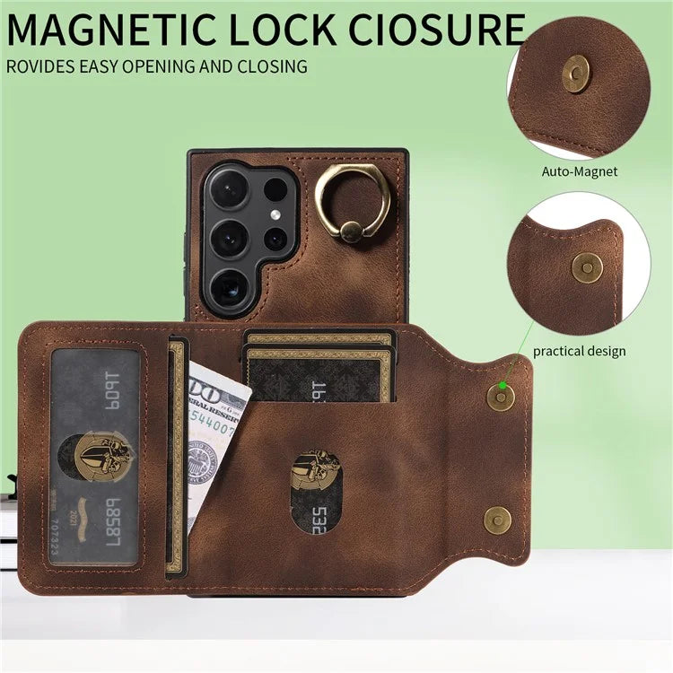 001 For Samsung Galaxy S24 Ultra Case Ring Holder Leather + TPU Anit-Fall Phone Cover