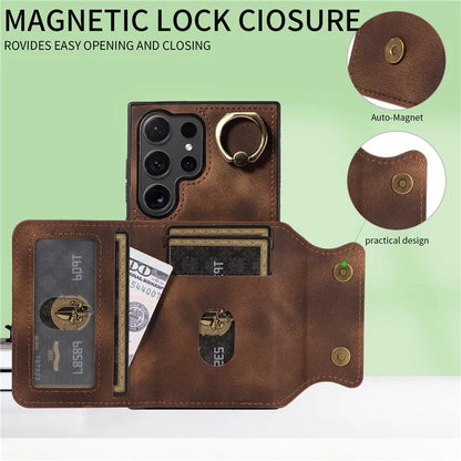 001 For Samsung Galaxy S24 Ultra Case Ring Holder Leather + TPU Anit-Fall Phone Cover