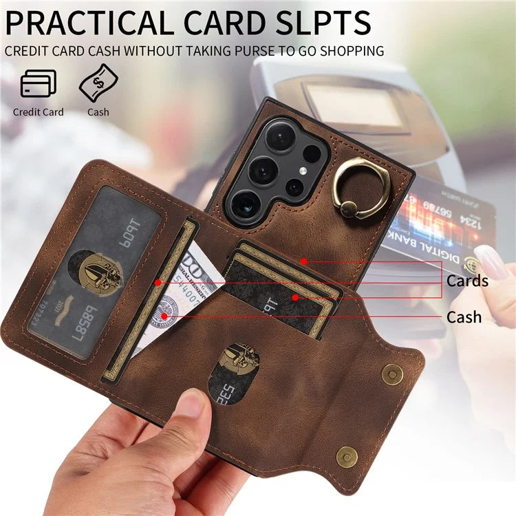 001 For Samsung Galaxy S24 Ultra Case Ring Holder Leather + TPU Anit-Fall Phone Cover