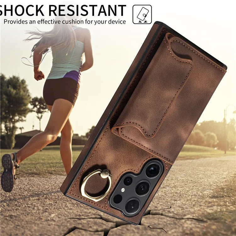 001 For Samsung Galaxy S24 Ultra Case Ring Holder Leather + TPU Anit-Fall Phone Cover