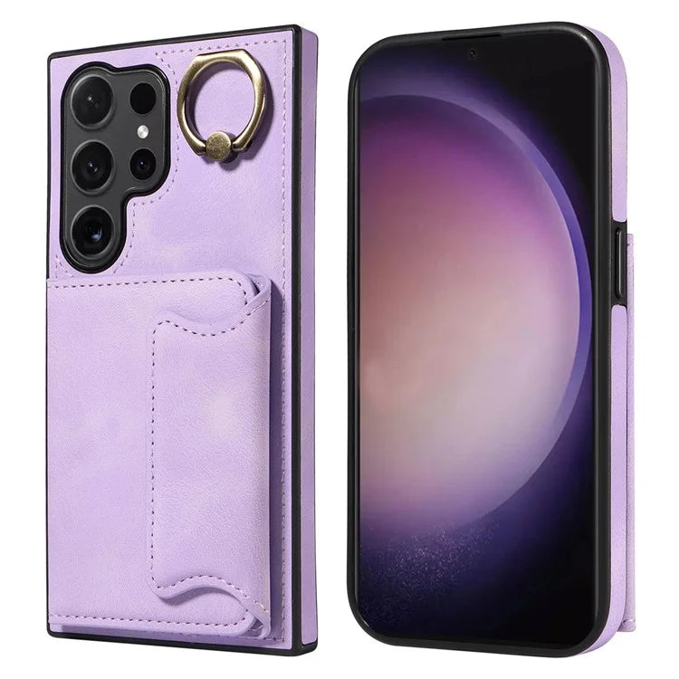 001 For Samsung Galaxy S24 Ultra Case Ring Holder Leather + TPU Anit-Fall Phone Cover