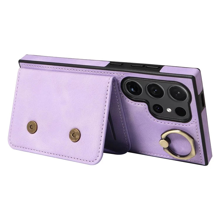 001 For Samsung Galaxy S24 Ultra Case Ring Holder Leather + TPU Anit-Fall Phone Cover