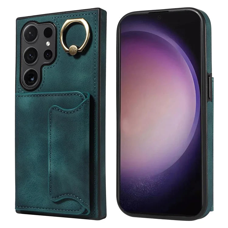 001 For Samsung Galaxy S24 Ultra Case Ring Holder Leather + TPU Anit-Fall Phone Cover