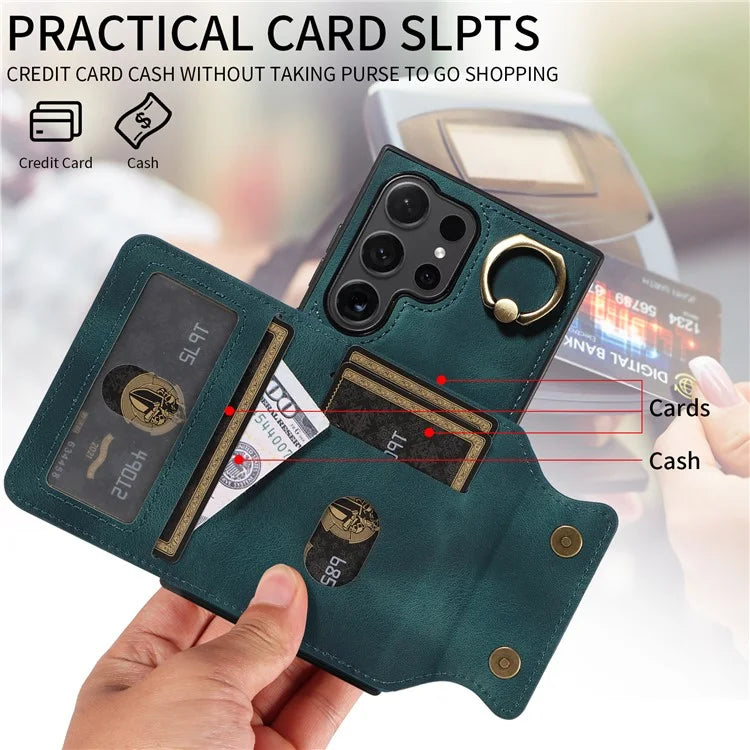 001 For Samsung Galaxy S24 Ultra Case Ring Holder Leather + TPU Anit-Fall Phone Cover