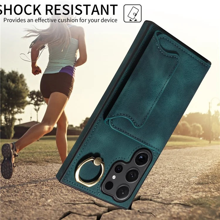 001 For Samsung Galaxy S24 Ultra Case Ring Holder Leather + TPU Anit-Fall Phone Cover