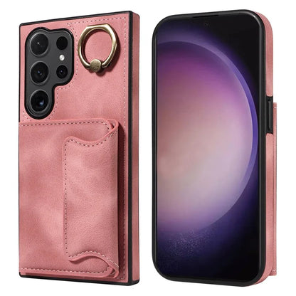 001 For Samsung Galaxy S24 Ultra Case Ring Holder Leather + TPU Anit-Fall Phone Cover