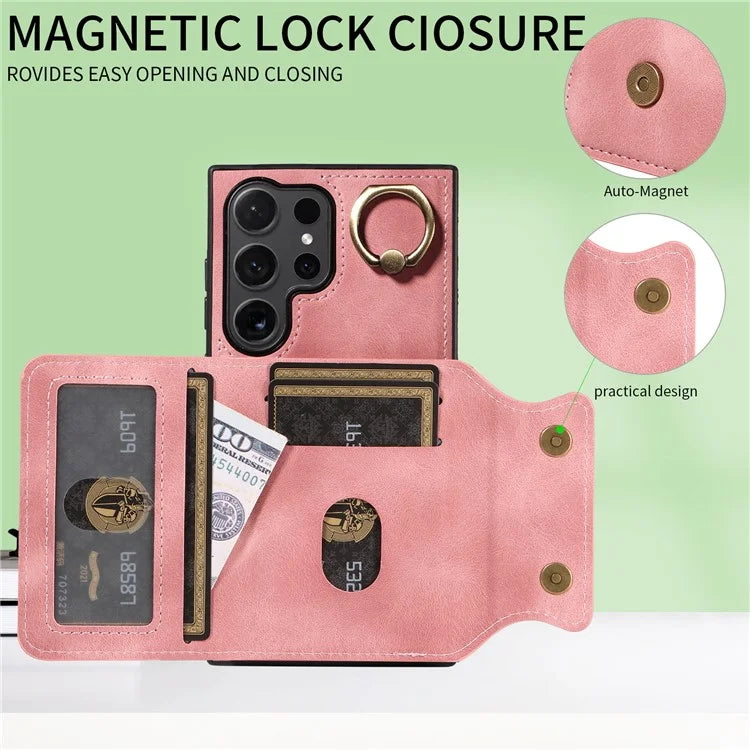 001 For Samsung Galaxy S24 Ultra Case Ring Holder Leather + TPU Anit-Fall Phone Cover