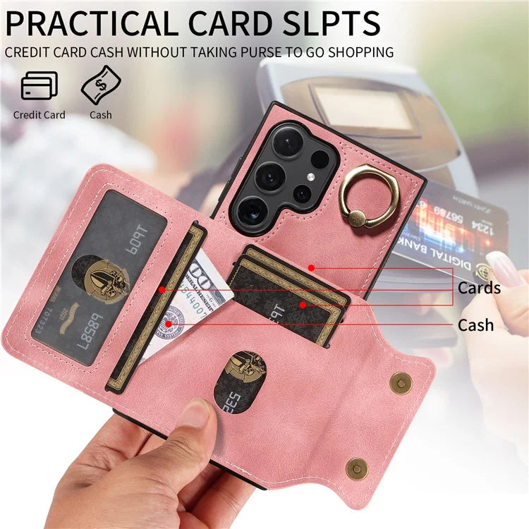 001 For Samsung Galaxy S24 Ultra Case Ring Holder Leather + TPU Anit-Fall Phone Cover