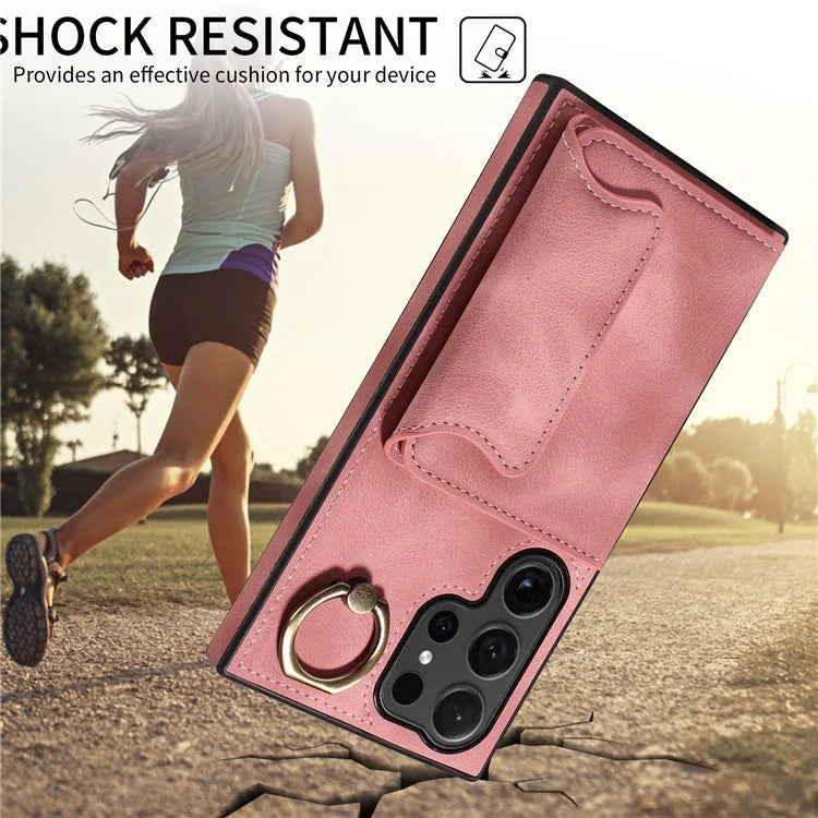 001 For Samsung Galaxy S24 Ultra Case Ring Holder Leather + TPU Anit-Fall Phone Cover