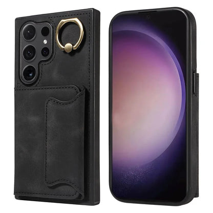 001 For Samsung Galaxy S24 Ultra Case Ring Holder Leather + TPU Anit-Fall Phone Cover