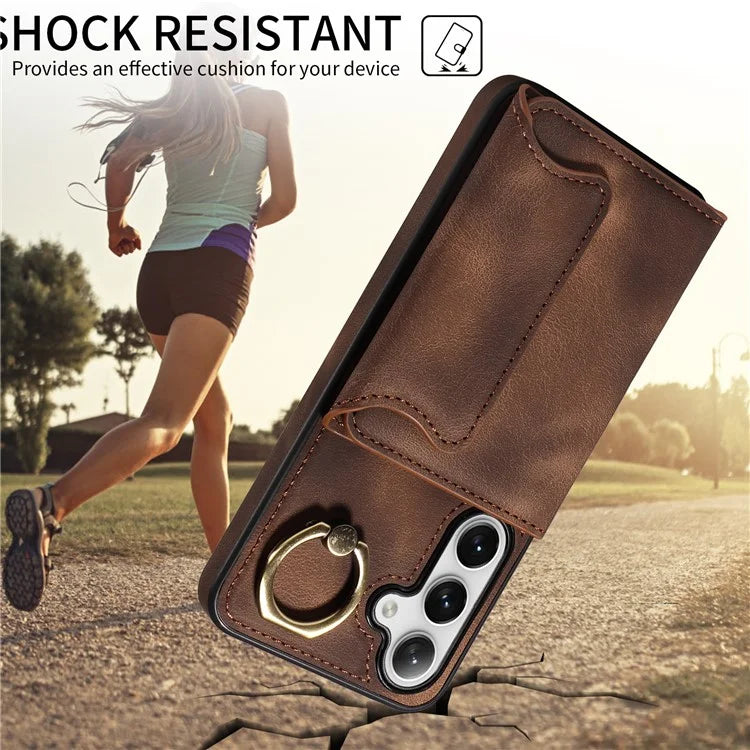 001 For Samsung Galaxy S24+ Case Card Slots Leather + TPU Phone Cover Rotation Ring Kickstand