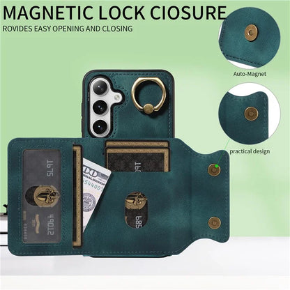 001 For Samsung Galaxy S24+ Case Card Slots Leather + TPU Phone Cover Rotation Ring Kickstand